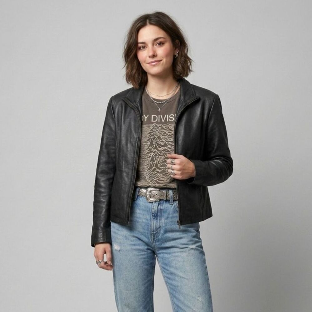 Vintage Sonoma Lambskin Black Leather Jacket Women's Medium Y2K 90s Minimalist